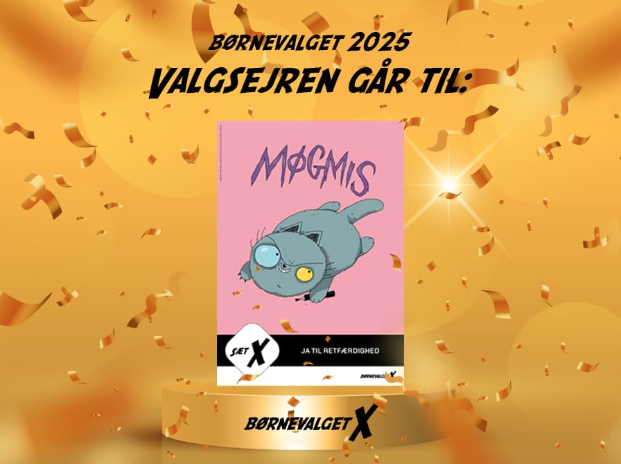 Møgmis på et podie, hvor der regner guldkonfetti ned rundt om.